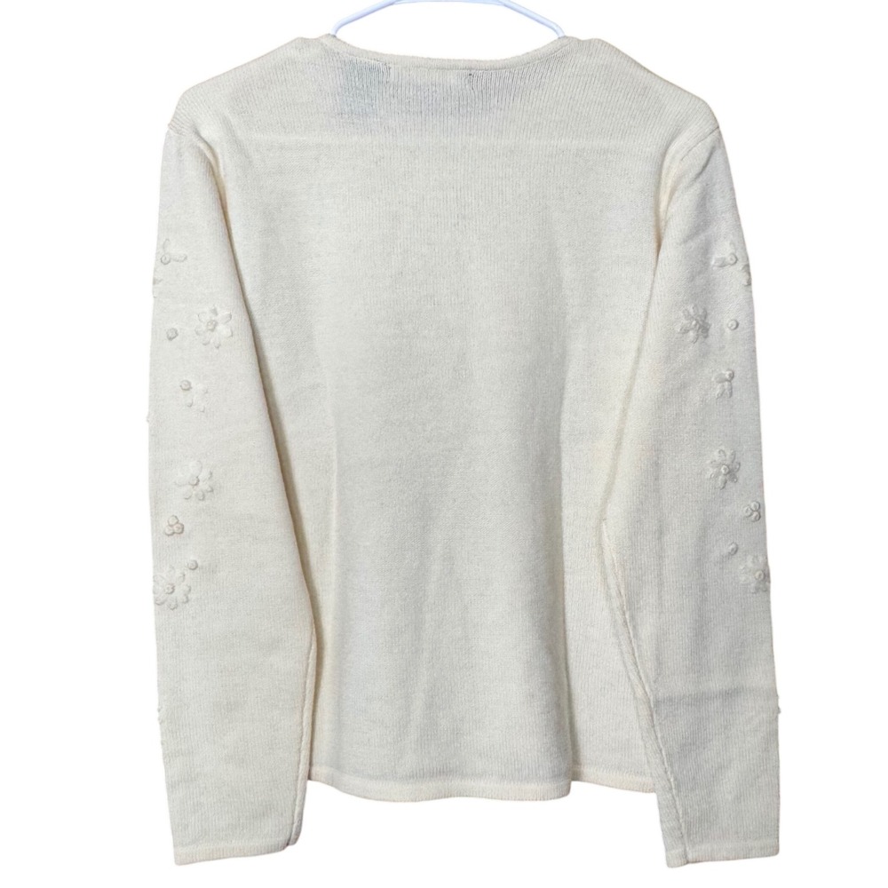 Liz Claiborne Collection Cream Merino Wool Sweater Beaded Floral Embroidered M - Picture 2 of 10